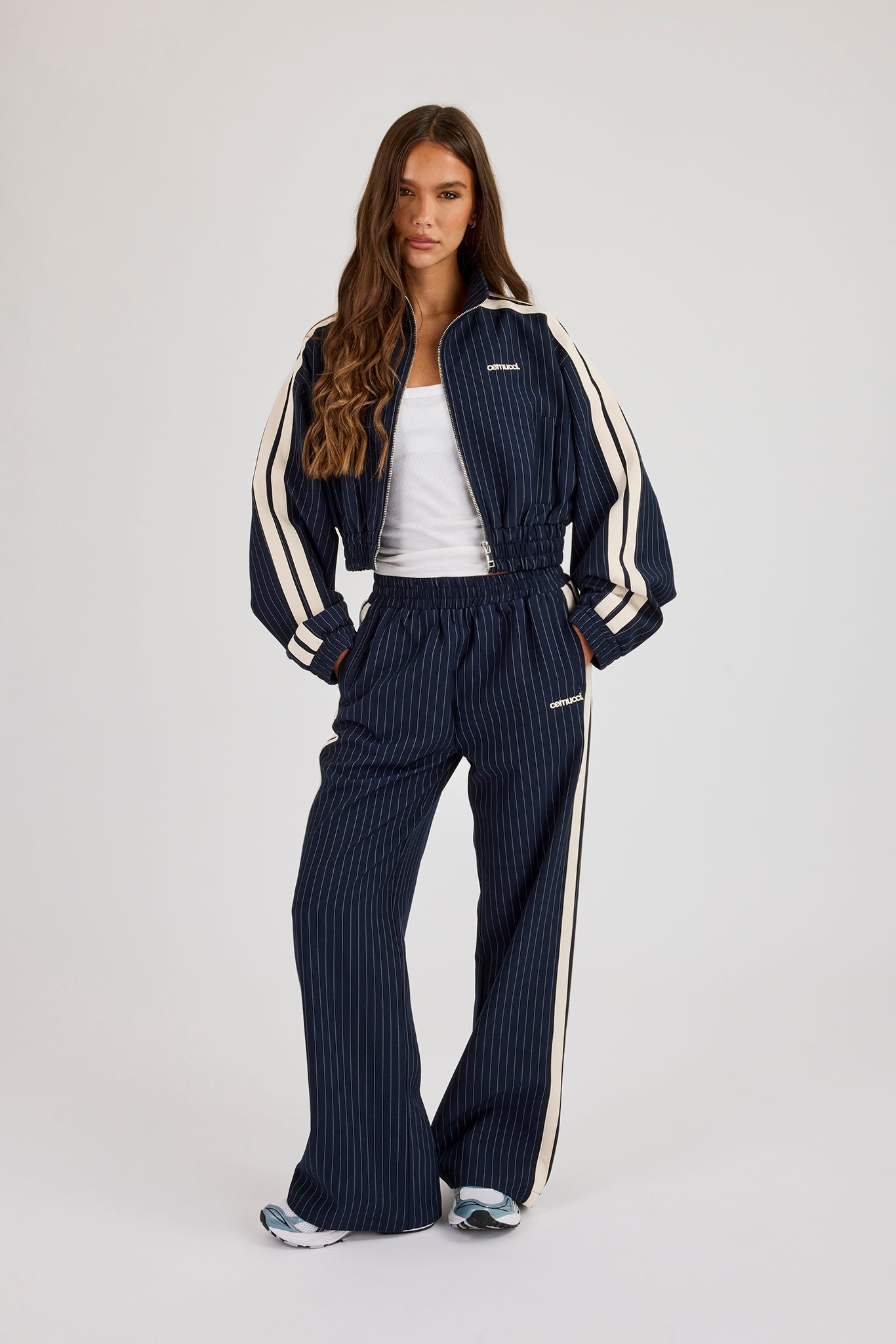 Pinstripe Taping Cropped Funnel Neck Jacket & Wide Leg Track Pant - Navy Blue